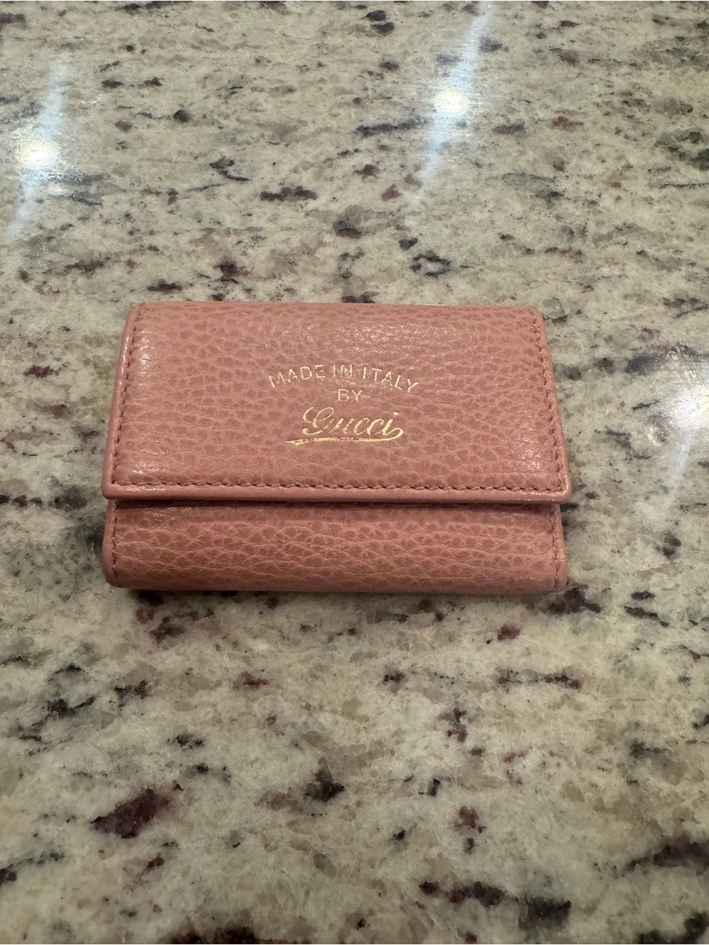 Gucci Pink Pebbled Leather Trifold Key & Card Holder with Gold Stamp